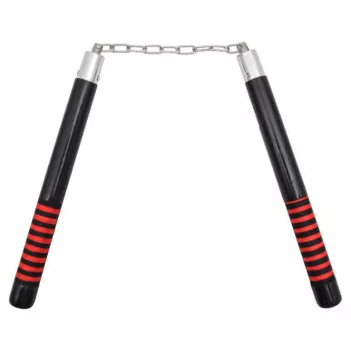 WOODEN NUNCHAKU BLACK FABRIC STRIPED RED - CLICK ARMS